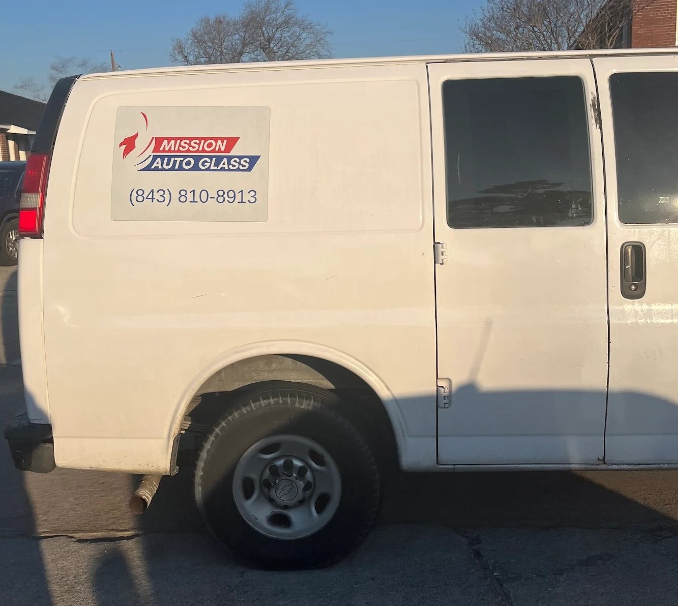 Mission Auto Glass branded service van — mobile windshield replacement throughout James Island and Charleston